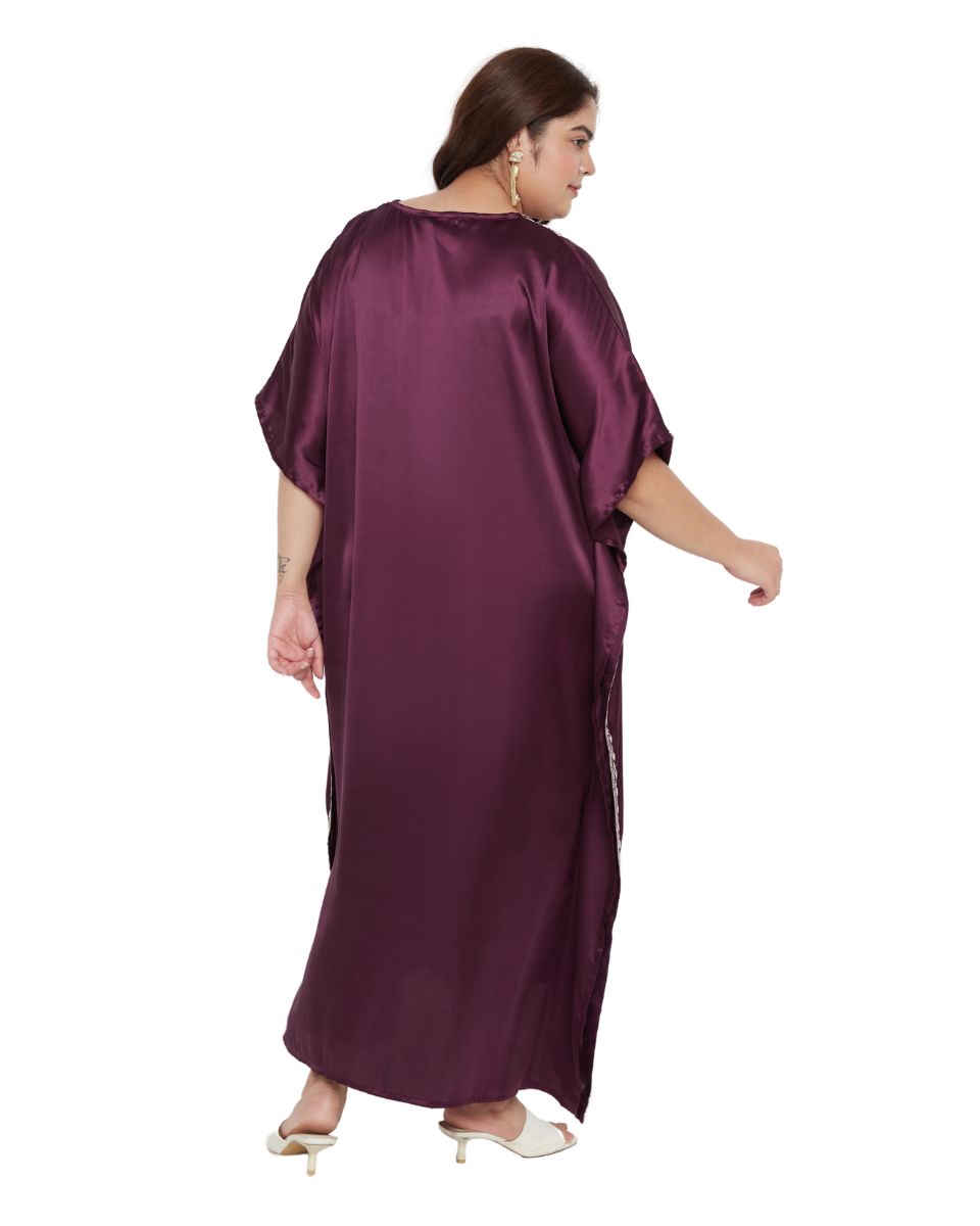Wine Satin Plus Size Embroidered Kaftan Dress for Women