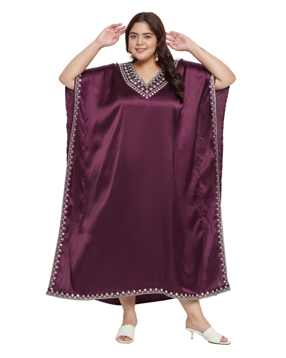Wine Satin Plus Size Embroidered Kaftan Dress for Women
