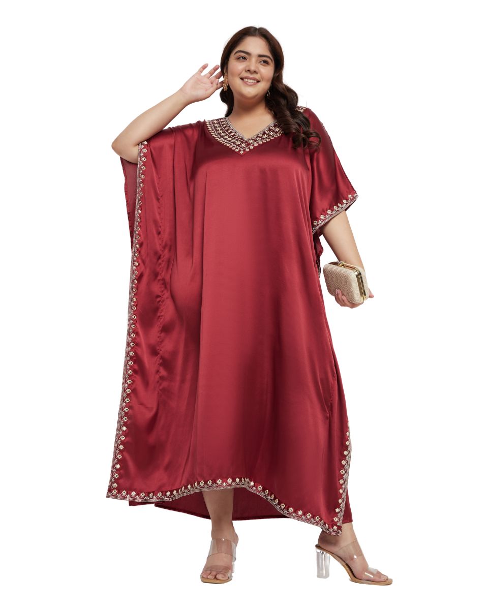 Red Lace Satin Kaftan Dress