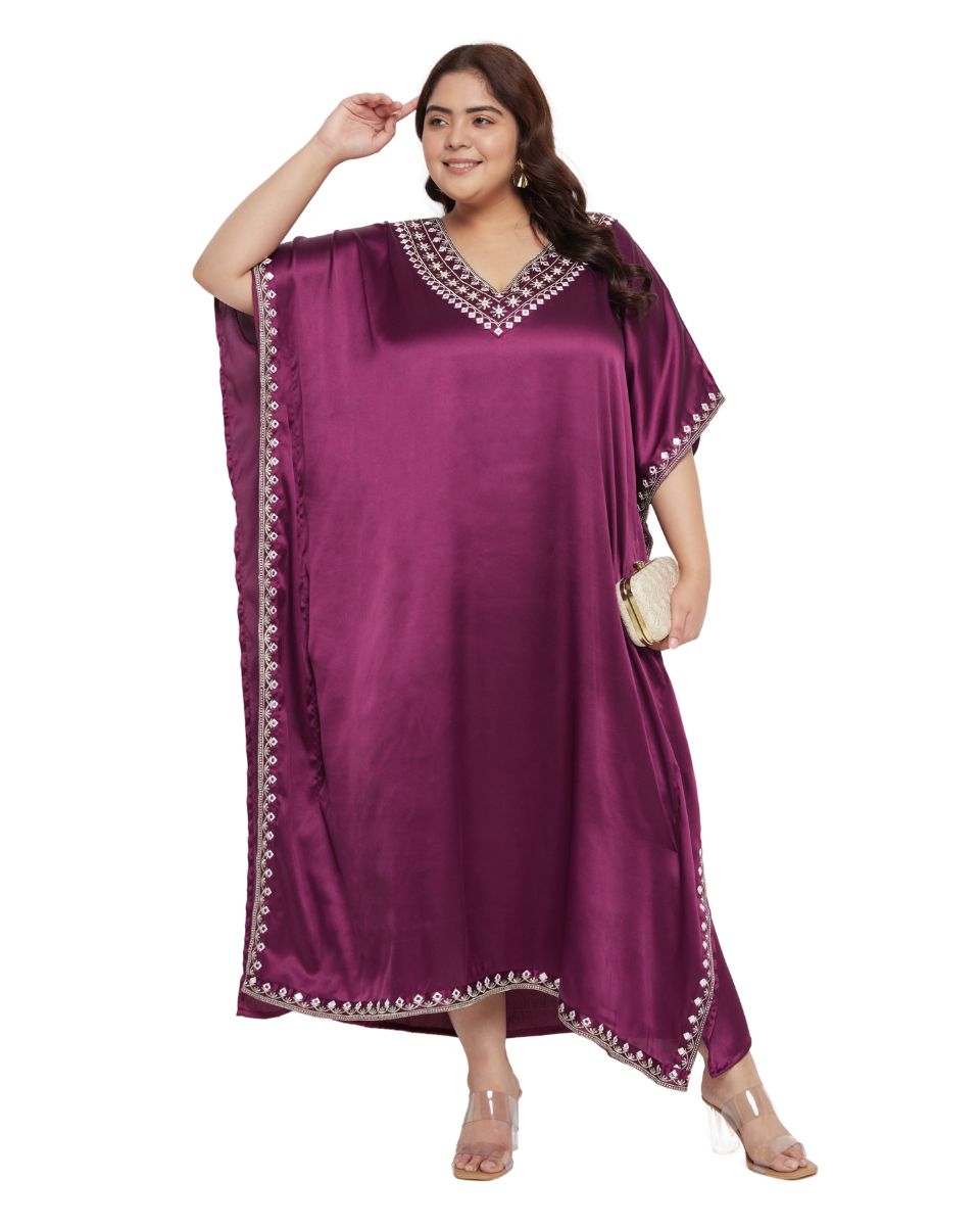 Embroidery Lace Purple Satin Kaftan Dress For Plus Size Women