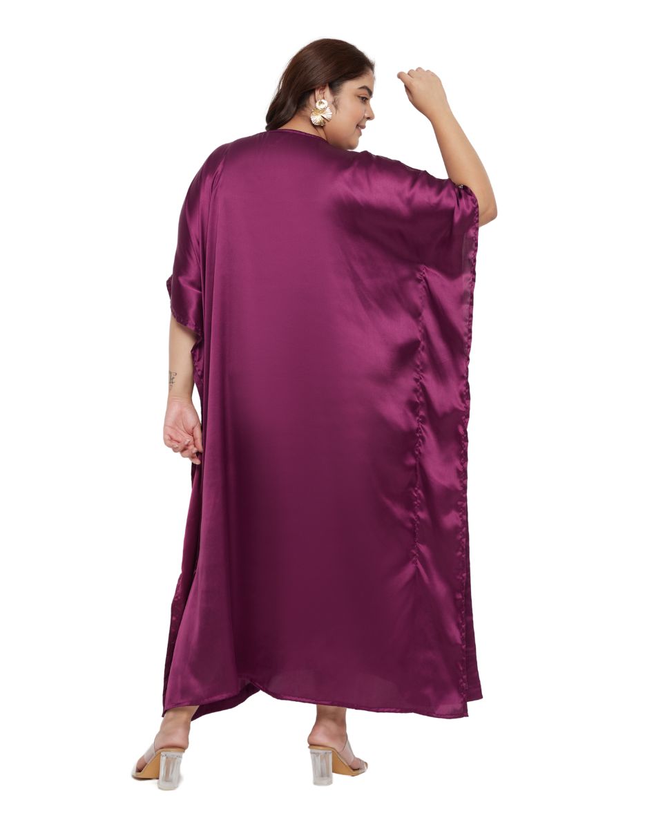Embroidery Lace Purple Satin Kaftan Dress For Plus Size Women