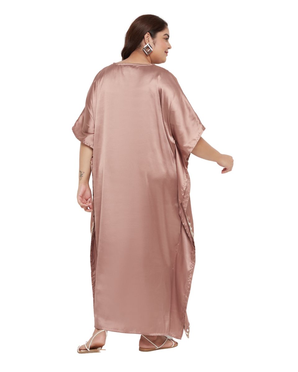 Solid Light Brown Embroidery Satin Kaftan For Plus Size Women