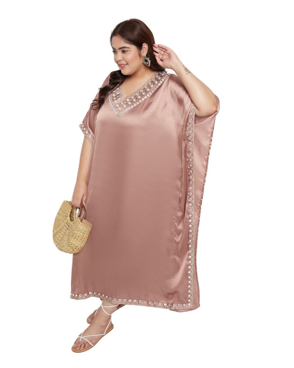 Solid Light Brown Embroidery Satin Kaftan For Plus Size Women