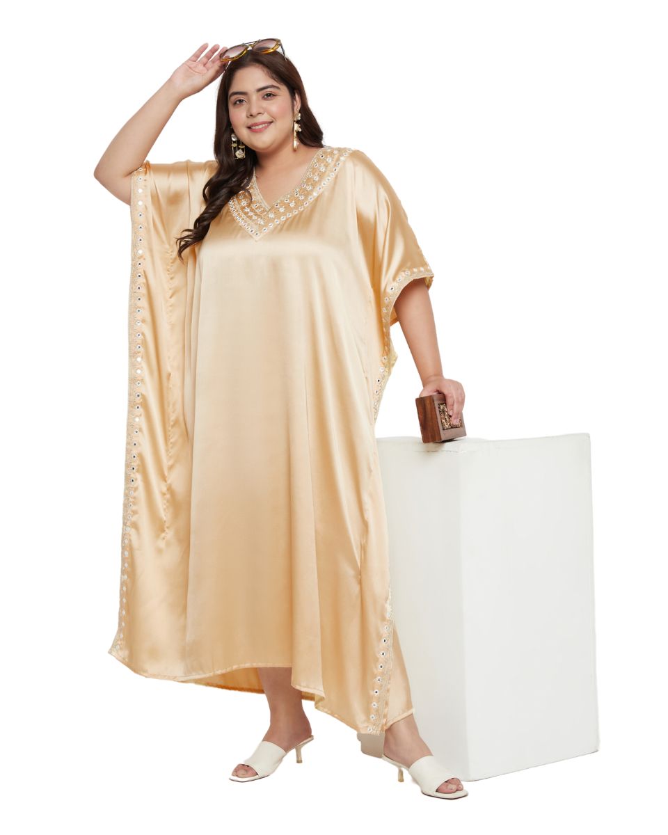 Lace Apricot Tan Solid with Embroidery Satin Plus Size Kaftan For Women