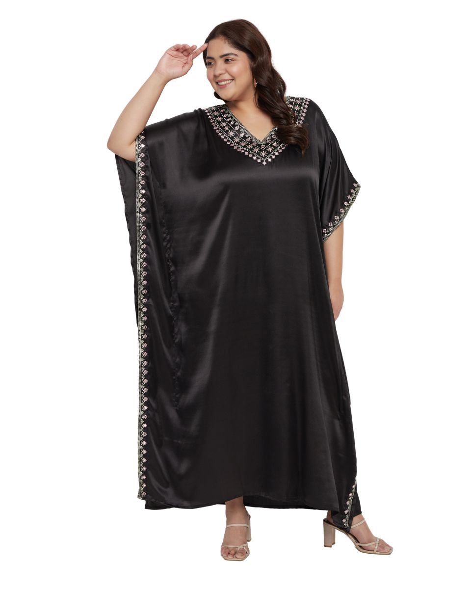 Black Satin Lace Kaftan Dress