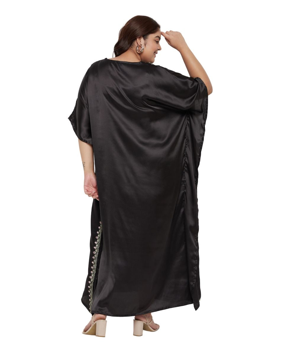 Black Satin Solid with Embroidery Lace Kaftan For Plus Size Women