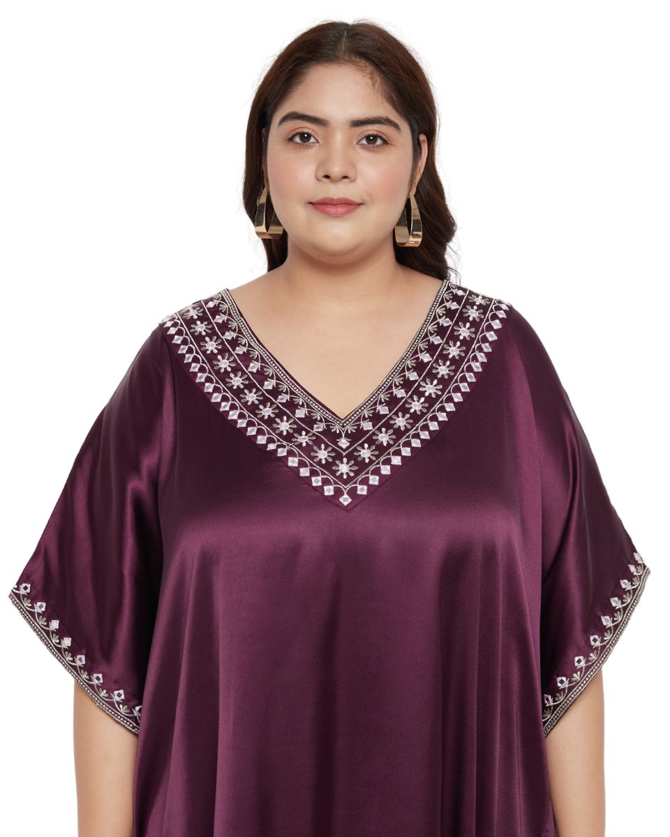 Stylish Wine Satin Long Kaftan Dress