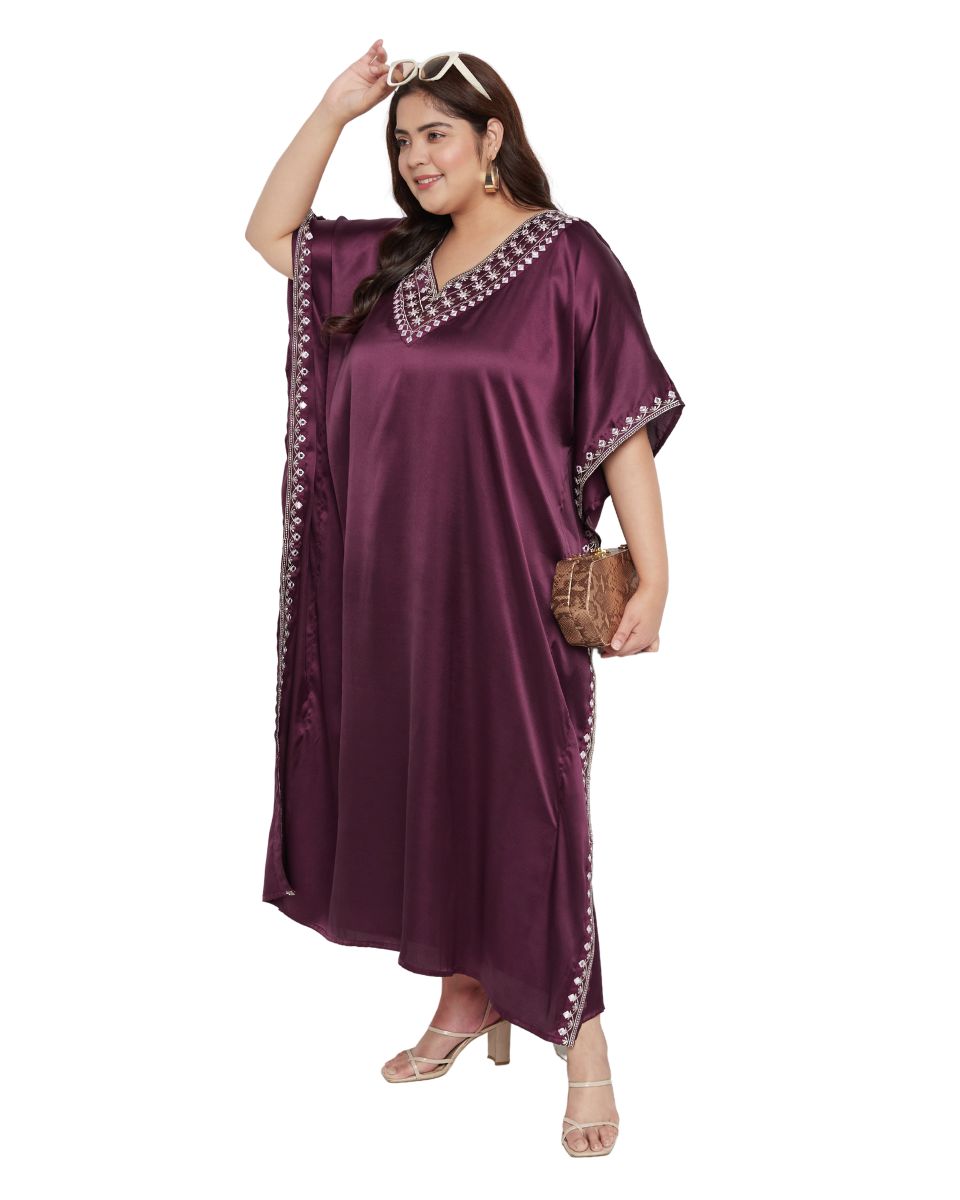 Wine Satin Women Plus Size Caftan Dress With Embroidery Lace