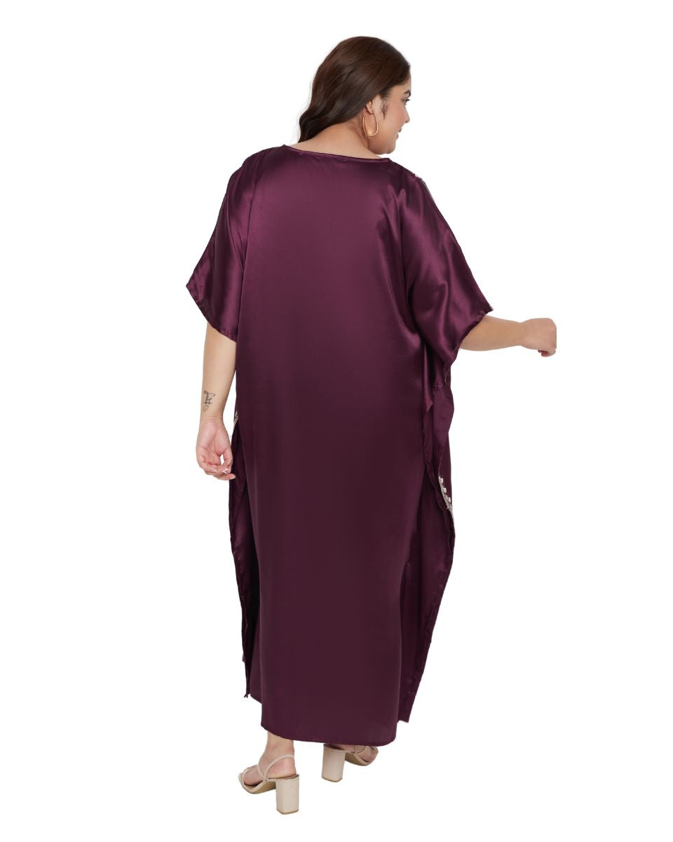 Wine Satin Women Plus Size Caftan Dress With Embroidery Lace