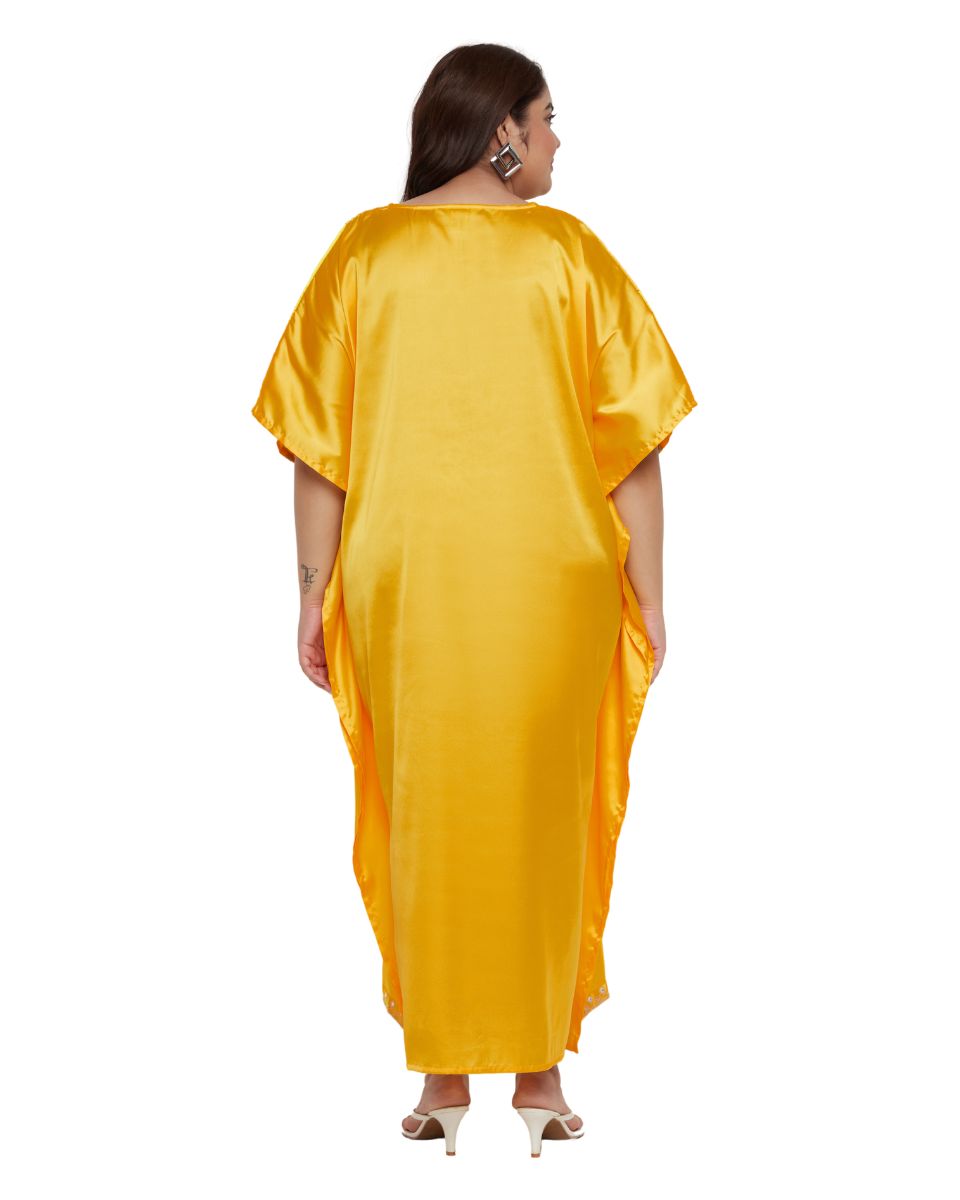 Embroidery Lace Yellow Satin Kaftan Dress For Plus Size Women