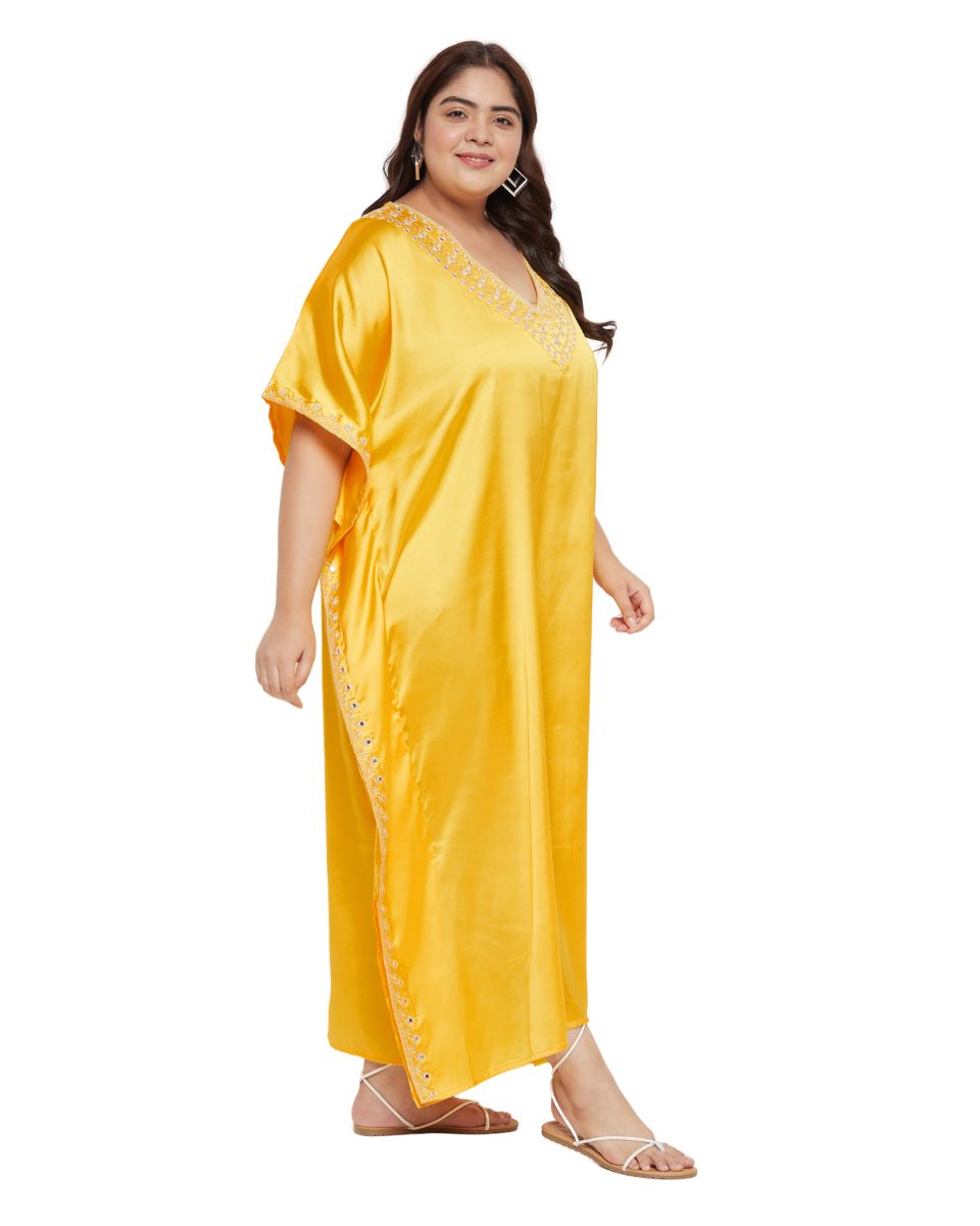 Trendy Embroidery Lace Yellow Long Kaftan Attire