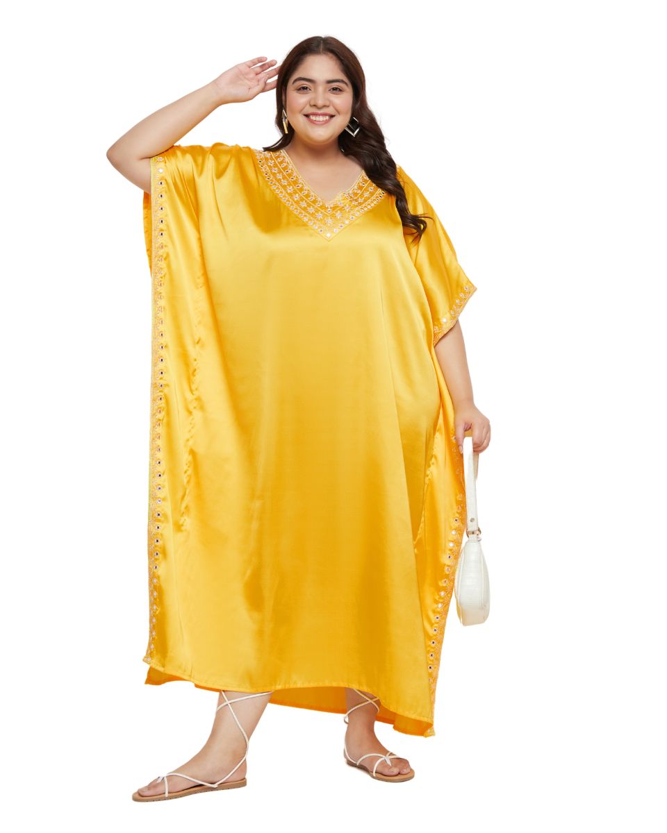Embroidery Lace Yellow Satin Kaftan Dress For Plus Size Women