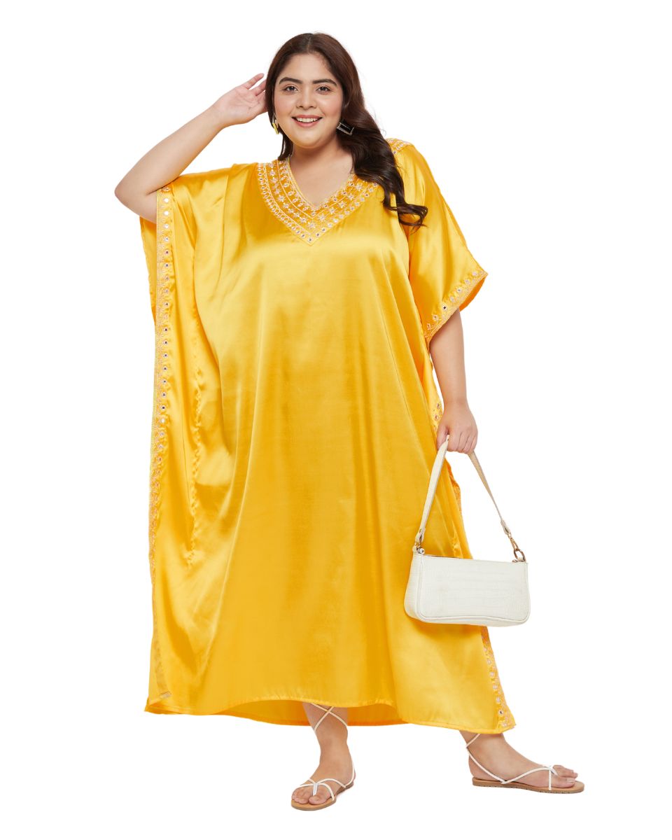 Yellow Satin Kaftan Dress For Women