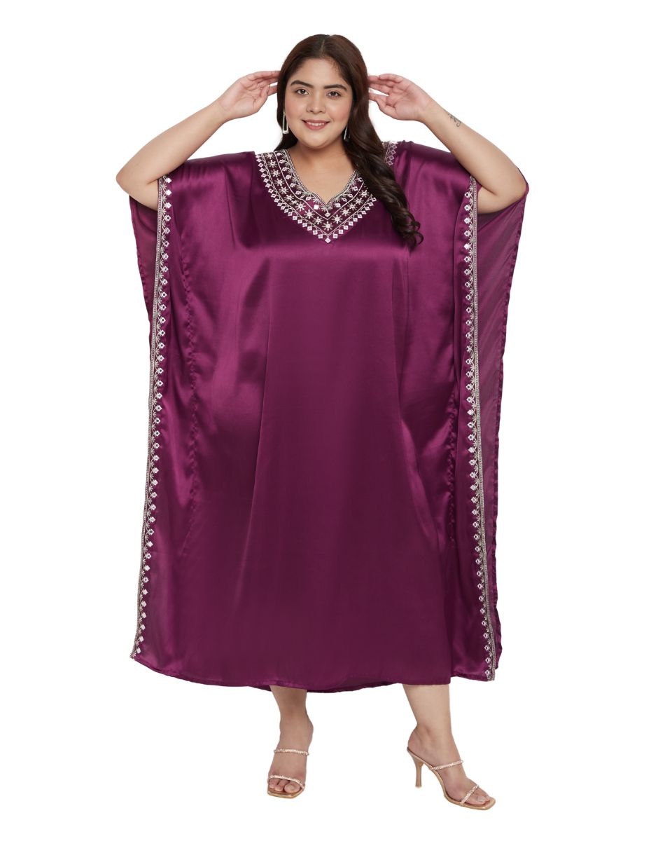 Solid With Embroidery Lace Purple Satin Kaftan For Plus Size Women