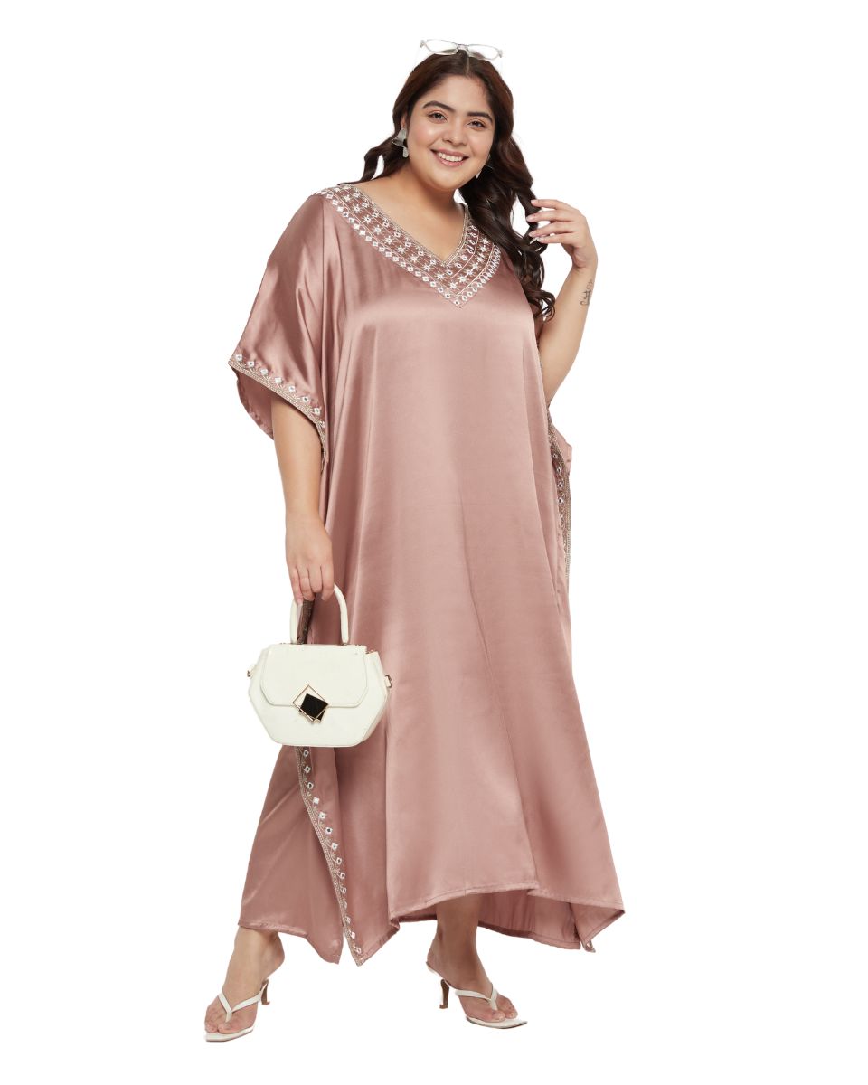 Light Brown Satin Embroidery Plus Size Women Summer Kaftan Dress