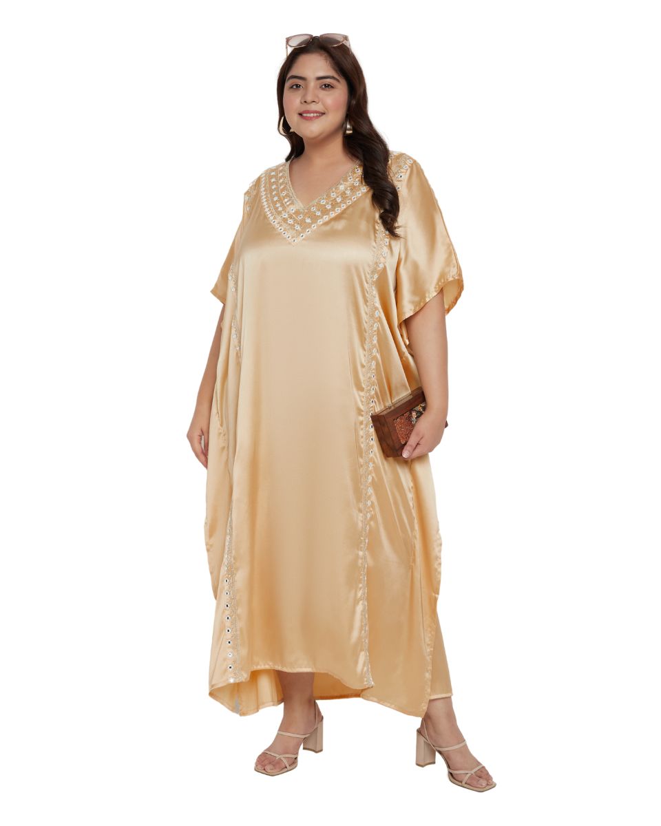 Women Kaftan Solid With Embroidery Lace Apricot Tan Satin For Plus Size