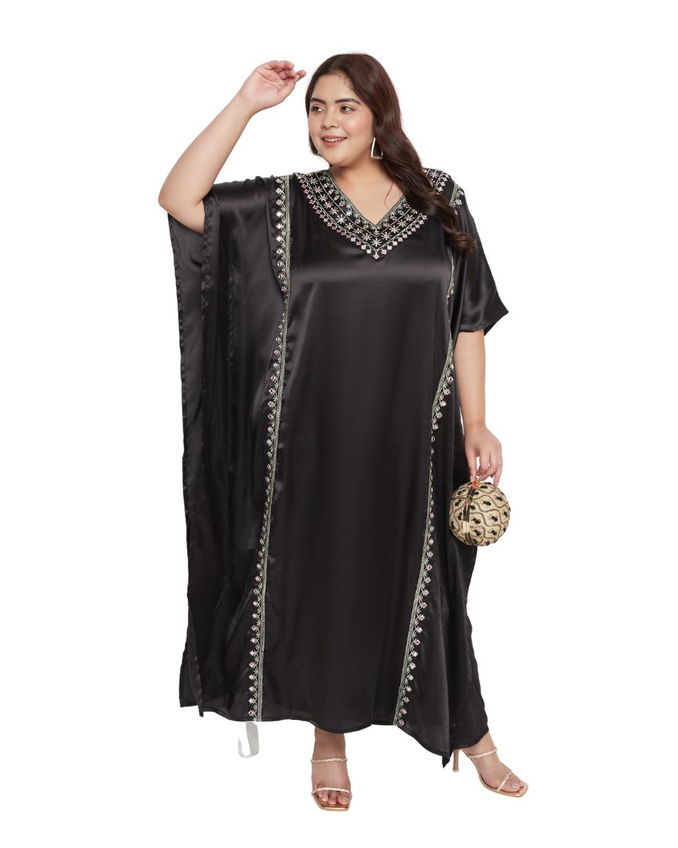 Lace Black Solid with Embroidery Satin Kaftan For Plus Size Women