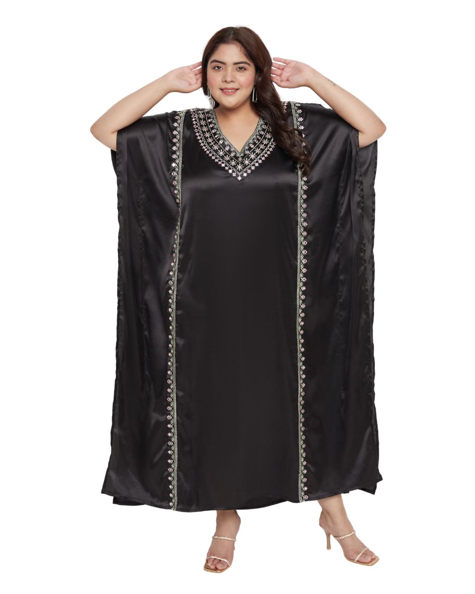 Lace Black Solid with Embroidery Satin Kaftan For Plus Size Women