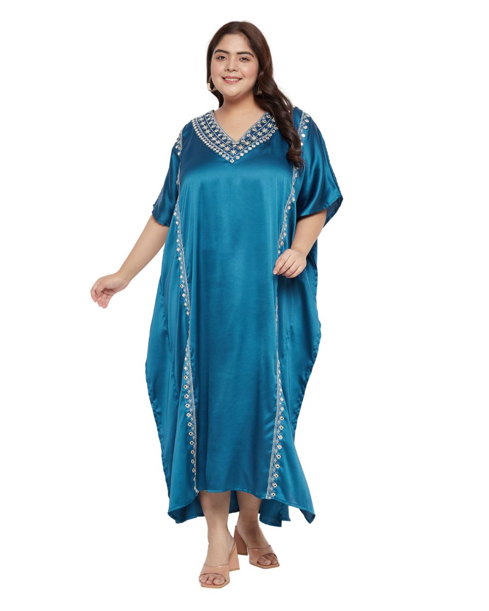 Satin Corsair Blue Embroidery Kaftan For Plus Size Women