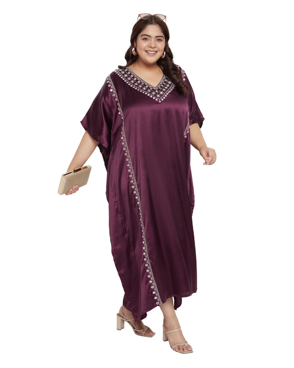 Wine Satin Women Plus Size Kaftan Dress With Embroidery