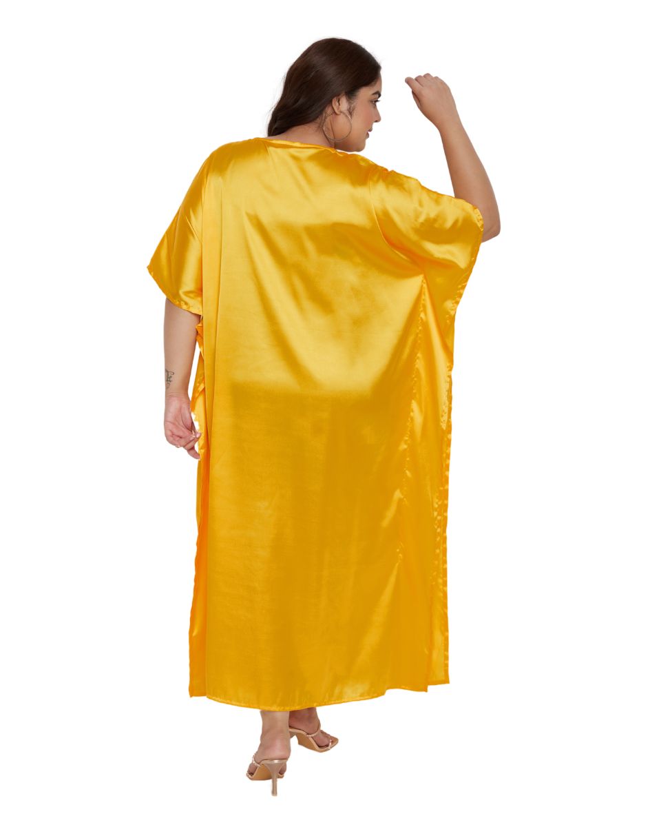 Women Dress Plus Size Kaftan Solid With Embroidery Lace Yellow Satin