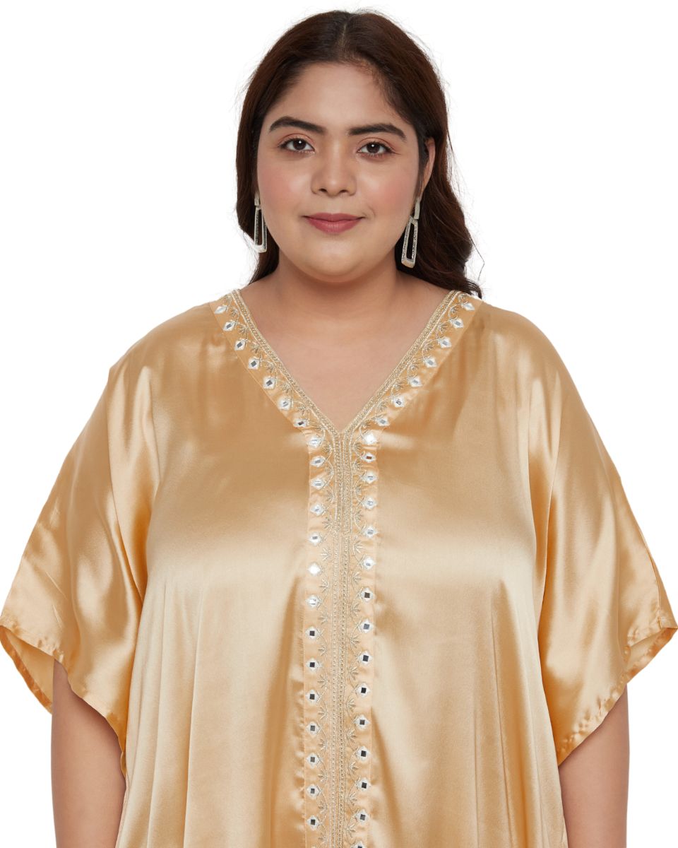 Embroidered Lace Apricot Tan Satin Dress