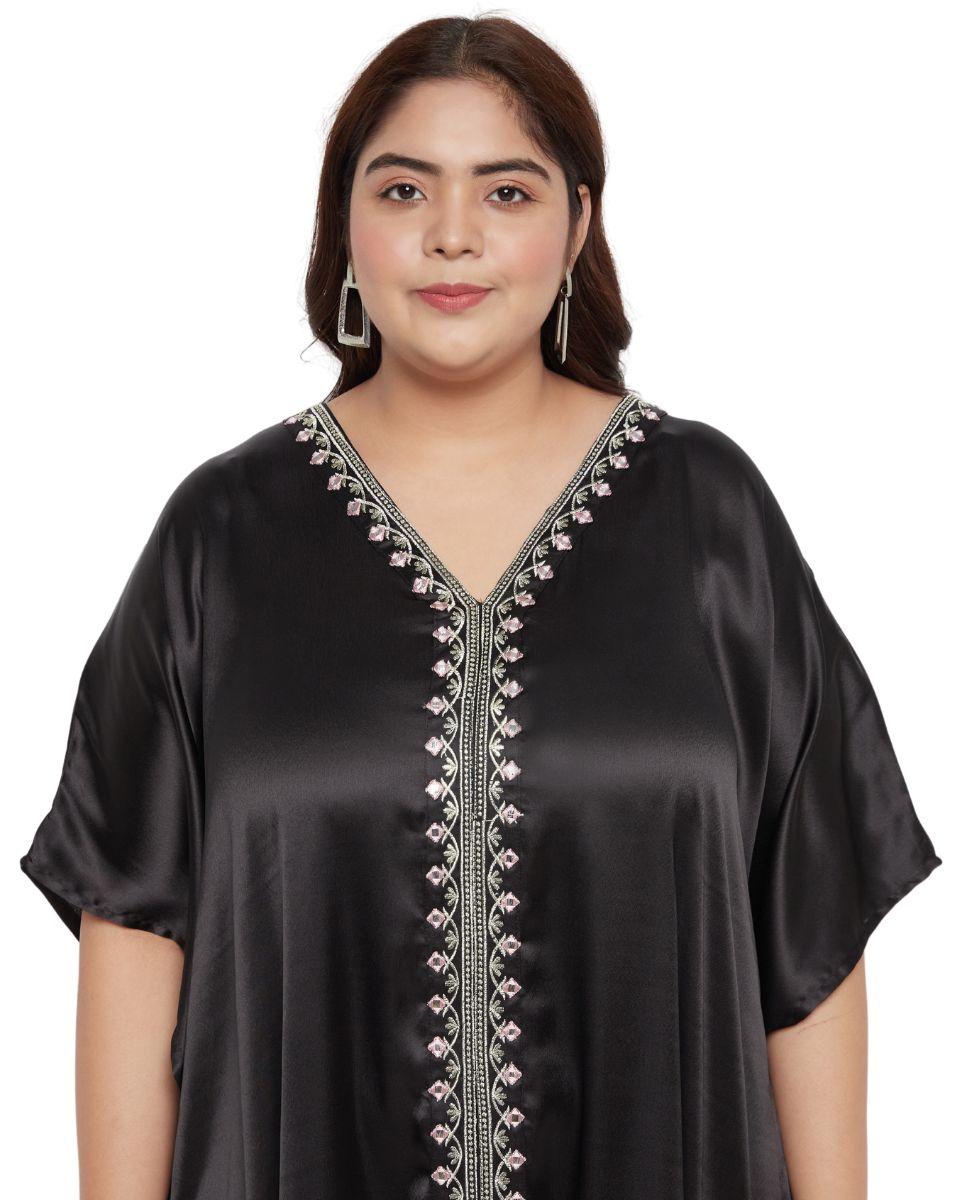 Chic Embroidered Lace Black Satin Women's Long Dress