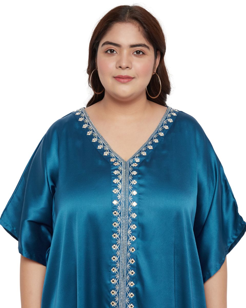 Chic Lace Detail Corsair Blue Satin Kaftan Dress for Women