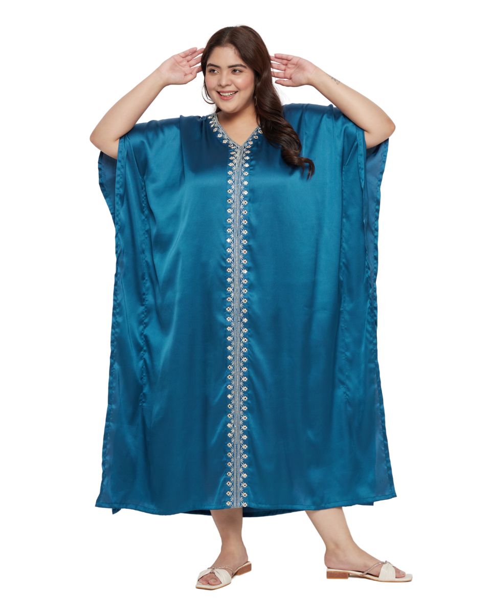 Corsair Blue Satin Long Kaftan Dress with Lace Trim