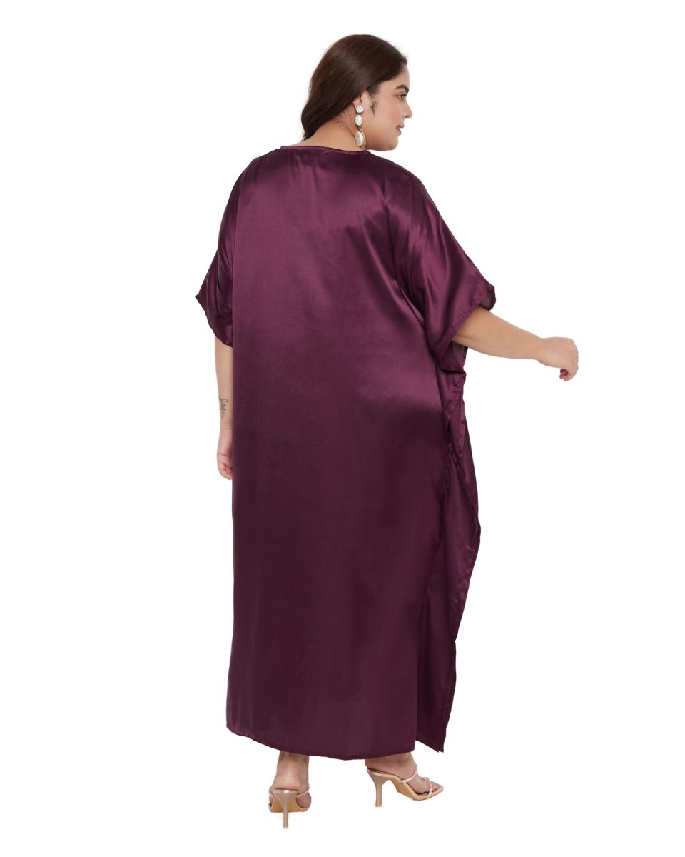 Embroidered Lace Wine Satin Kaftan Dress