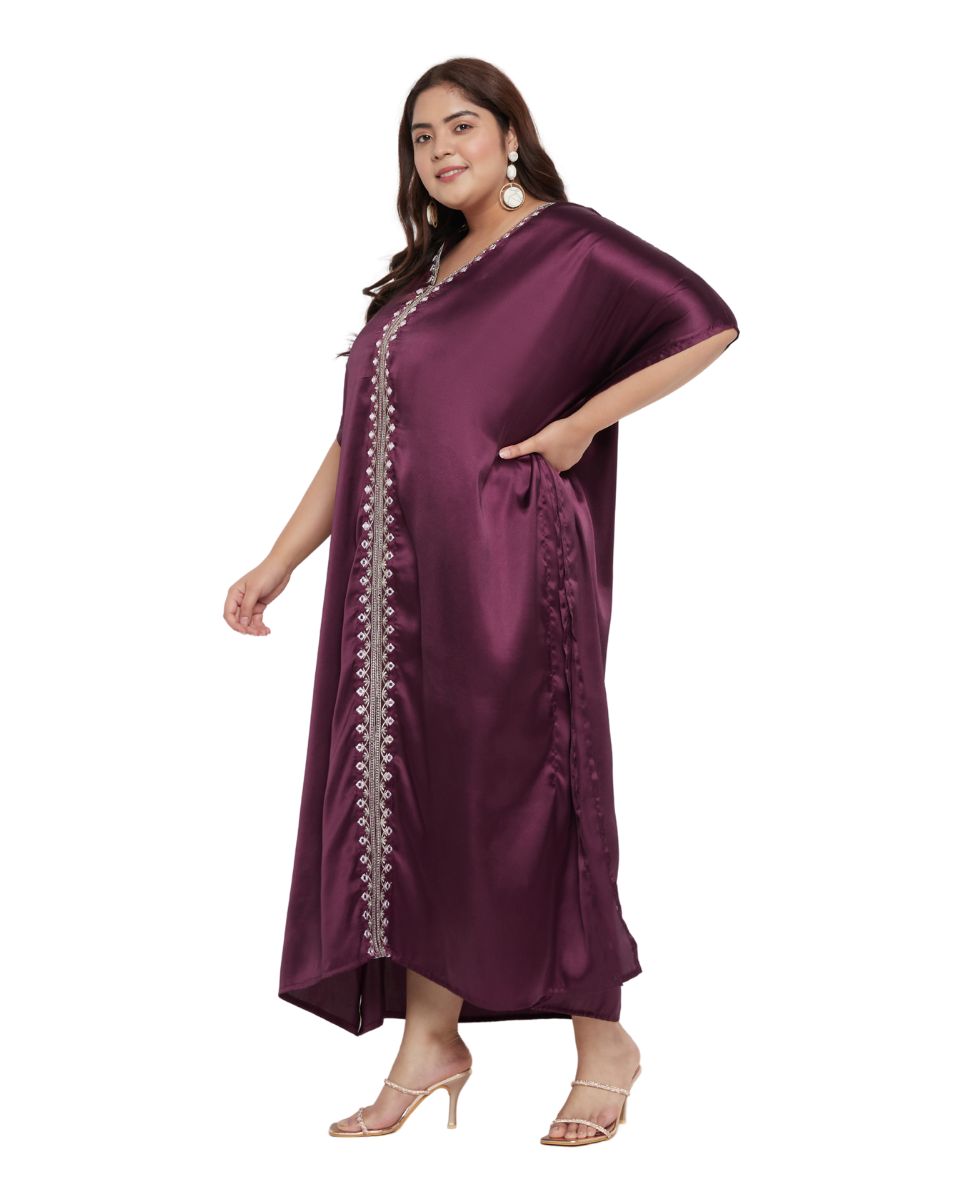 Lace Detail Wine Satin Long Kaftan Dress