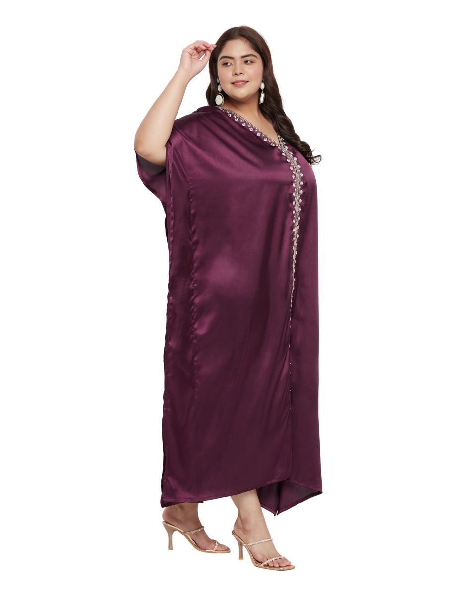 Wine Satin Kaftan Dress for Ladies
