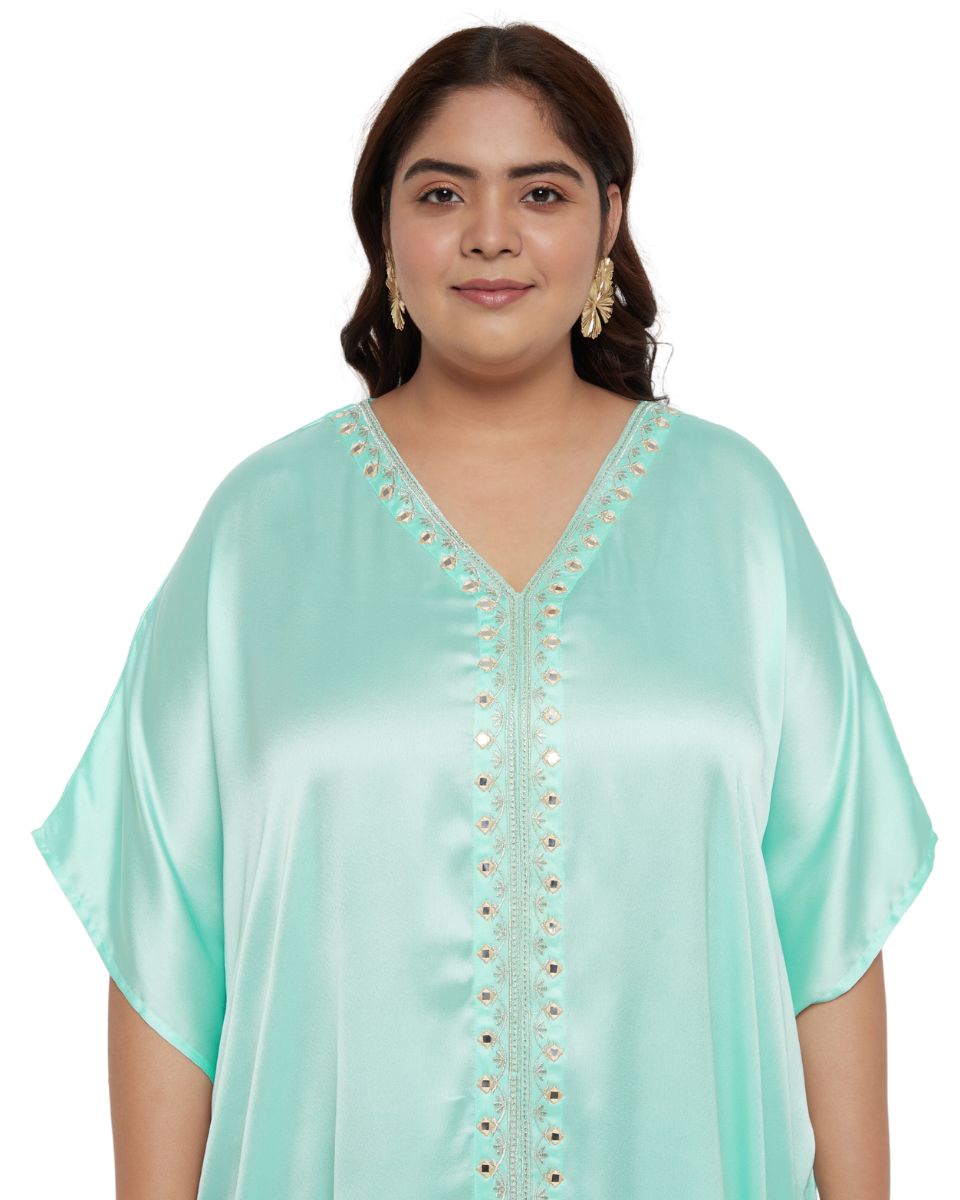 Lace Ice Green Satin Kaftan Dress for Women