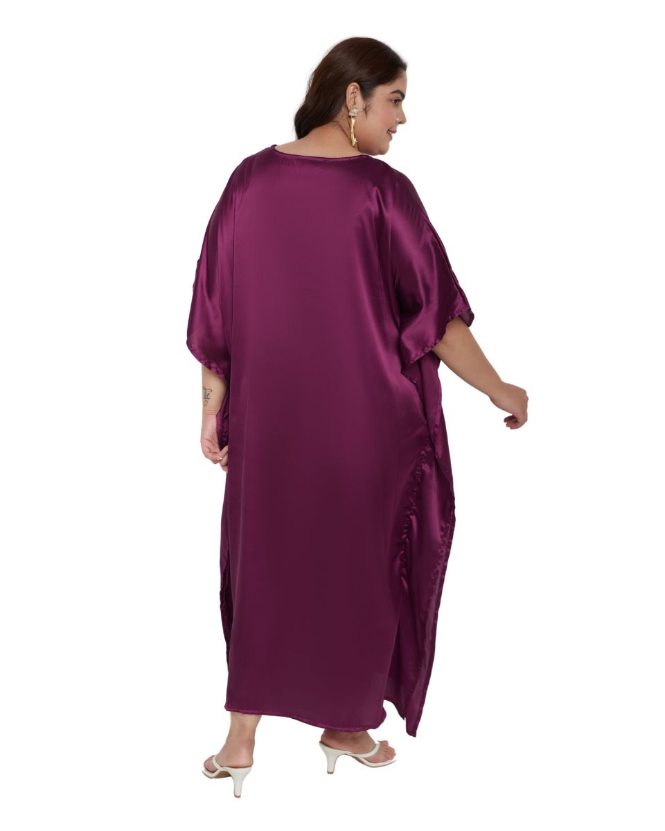 Satin Kaftan For Plus Size Women Solid With Embroidery Lace Purple