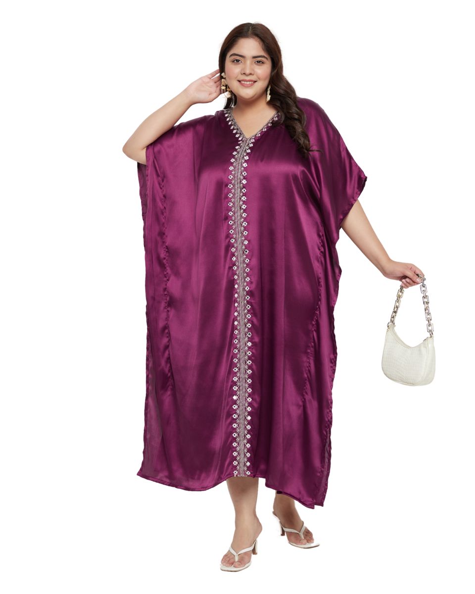 Satin Kaftan For Plus Size Women Solid With Embroidery Lace Purple
