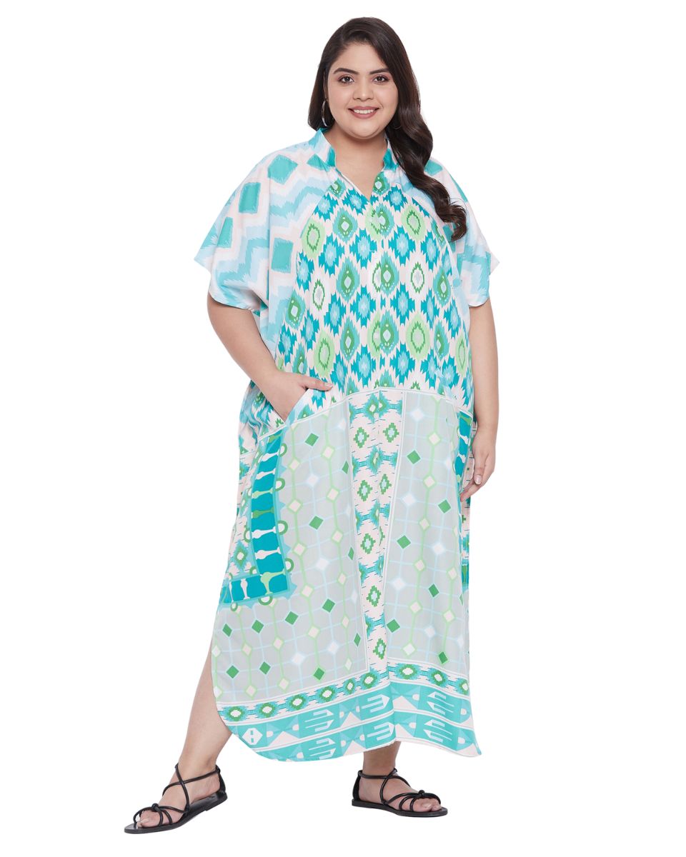 Geometric Plus Size Printed White Polyester Button Kaftan For Women