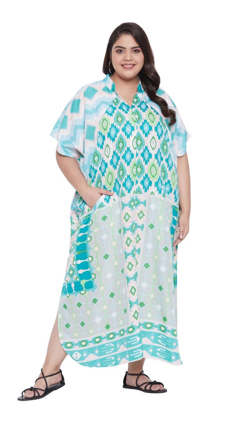 Geometric Plus Size Printed White Polyester Button Kaftan For Women - SKU FPK-1018 - Gypsie Blu