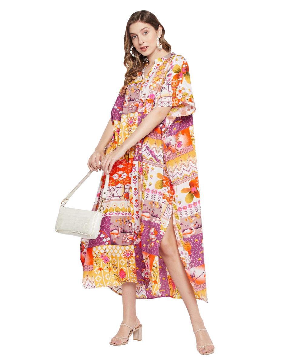 Floral Printed Multicolor Polyester Button Kaftan For Plus Size Women