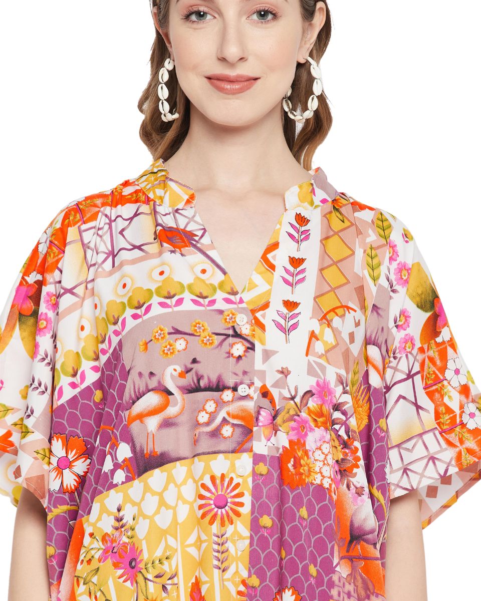 Floral Printed Multicolor Polyester Button Kaftan For Plus Size Women