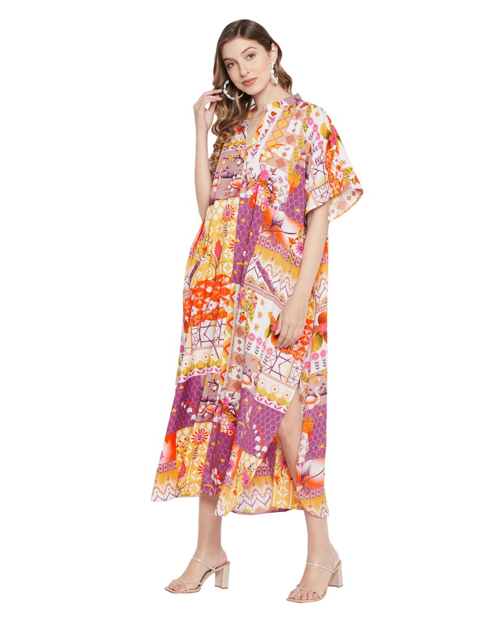 Floral Printed Multicolor Polyester Button Kaftan For Plus Size Women
