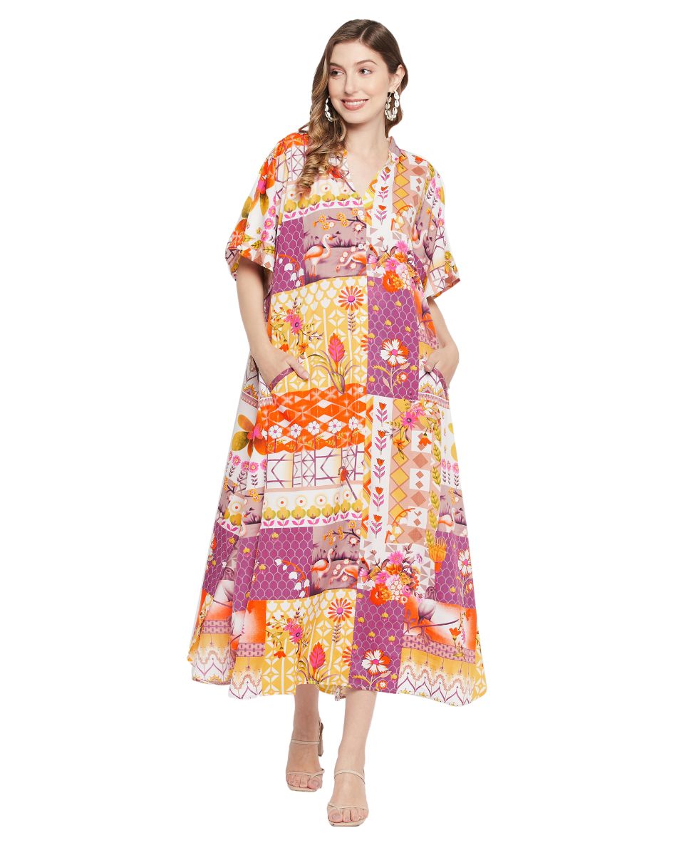 Floral Printed Multicolor Polyester Button Kaftan For Plus Size Women