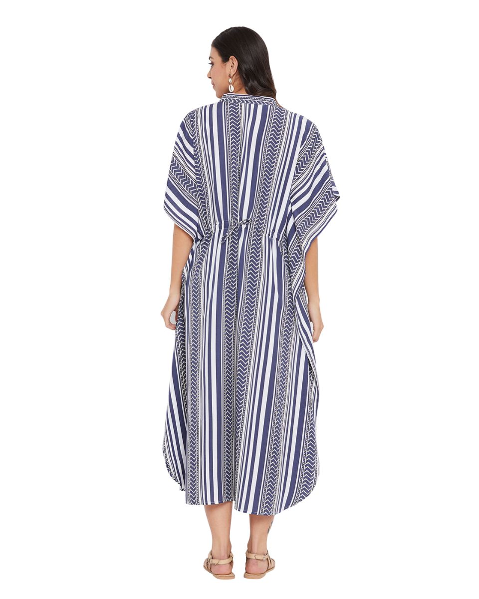 Stripe Printed Blue Polyester Button Kaftan Dress For Plus Size Women