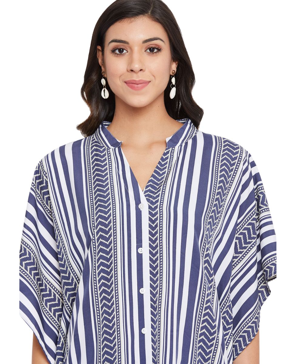 Stripe Printed Blue Polyester Button Kaftan Dress For Plus Size Women