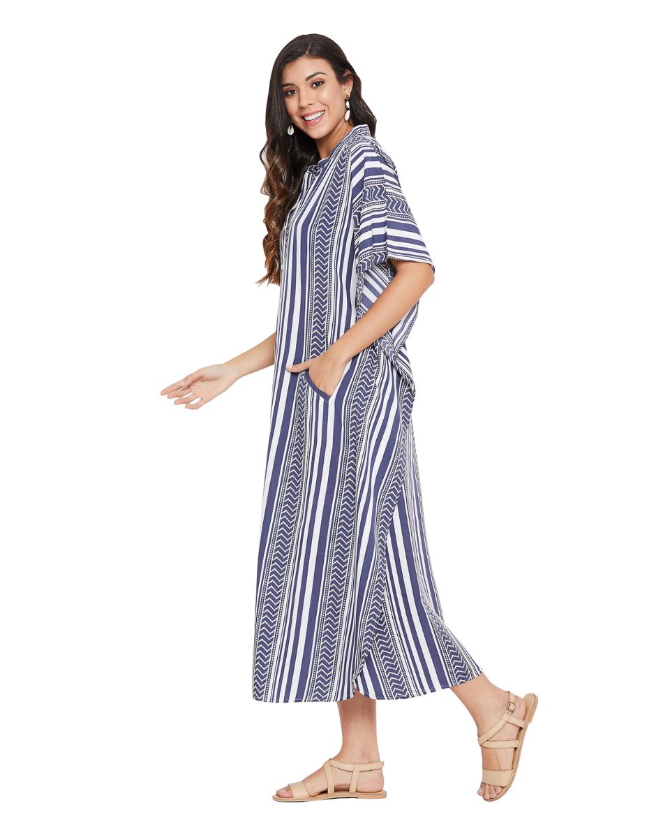 Stripe Printed Blue Polyester Button Kaftan Dress For Plus Size Women