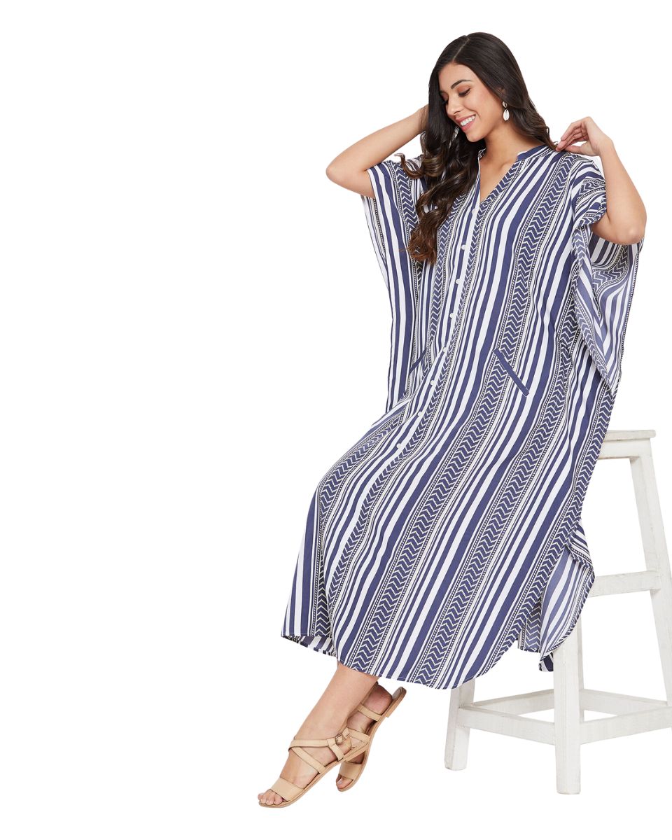 Stripe Printed Blue Polyester Button Kaftan Dress For Plus Size Women