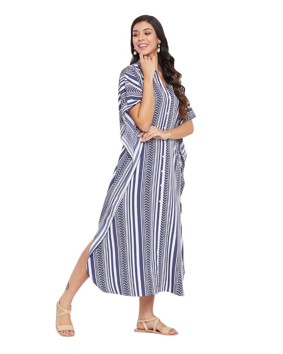 Stripe Printed Blue Polyester Button Kaftan Dress For Plus Size Women