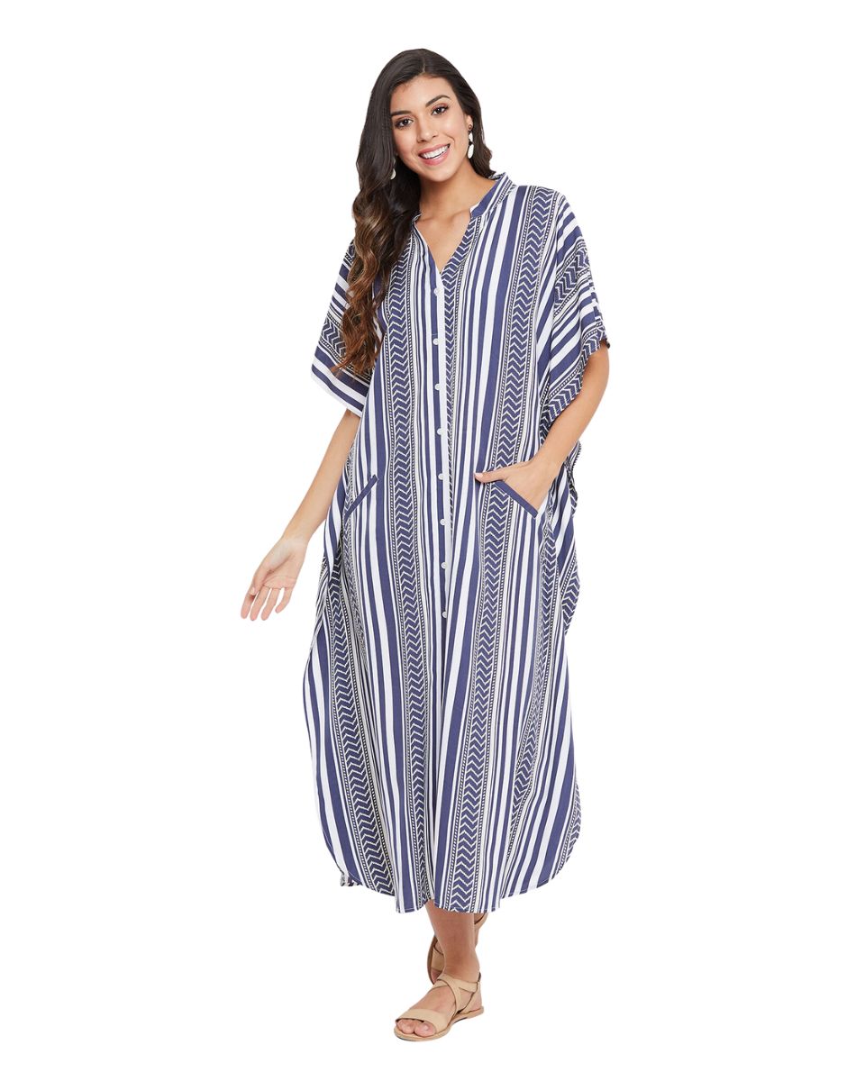 Stripe Printed Blue Polyester Button Kaftan Dress For Plus Size Women
