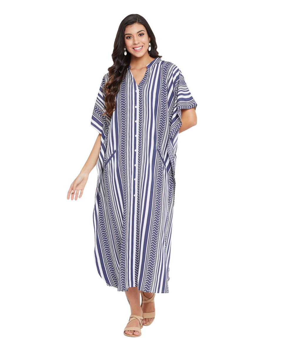 Stripe Printed Blue Polyester Button Kaftan Dress For Plus Size Women
