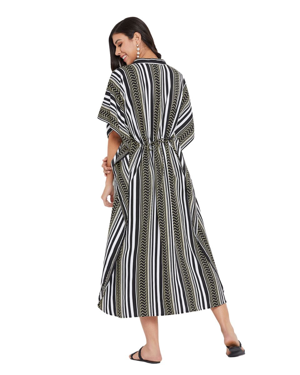 Stripe Printed Black Polyester Button Kaftan For Plus Size Women