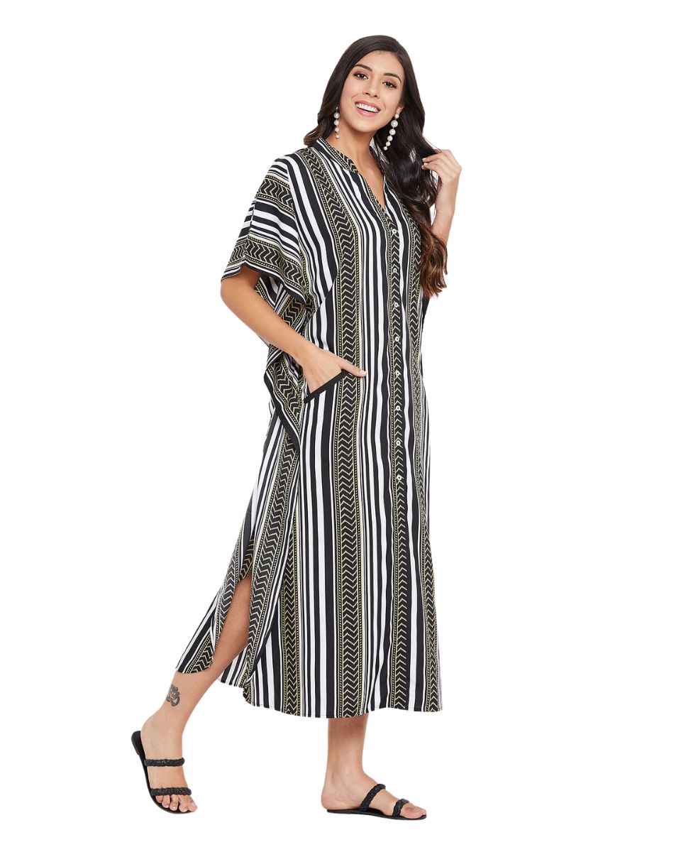 Stripe Printed Black Polyester Button Kaftan For Plus Size Women